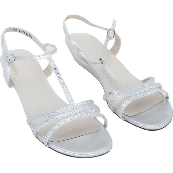 Touch Ups Women's T-Strap Wedge Sandal, Silver, Wide 10.5 - Picture 1 of 6